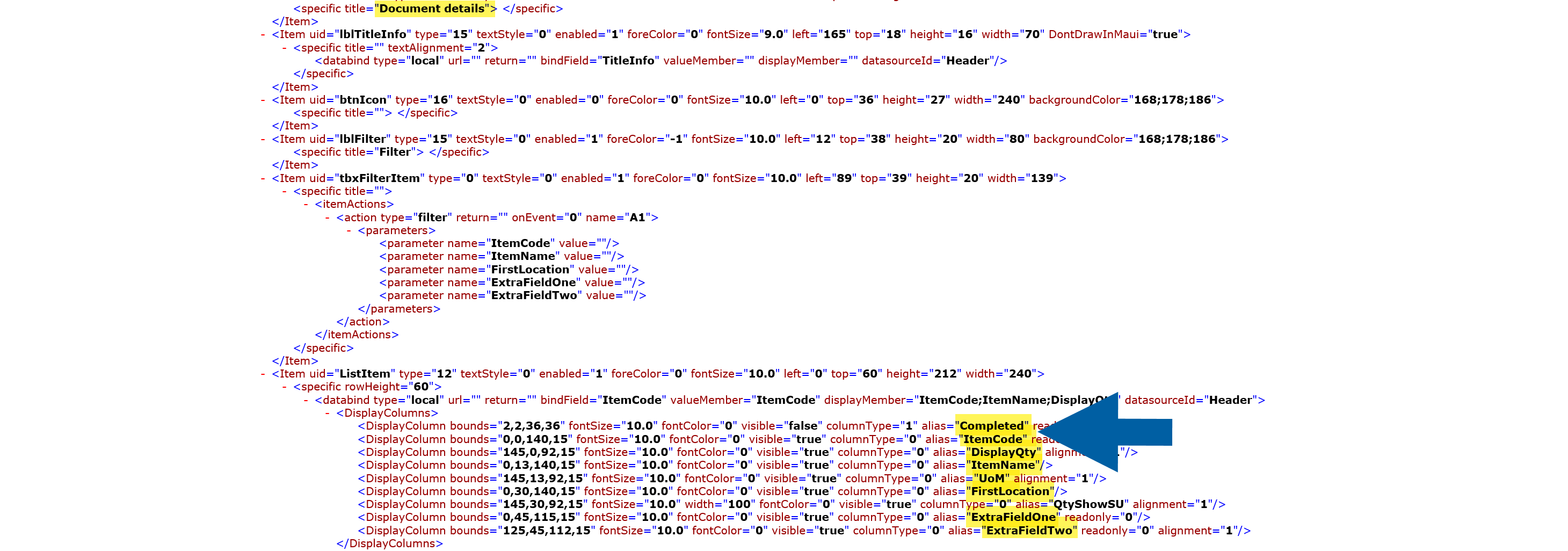 an example of the xml file with document details and displaycolumn section