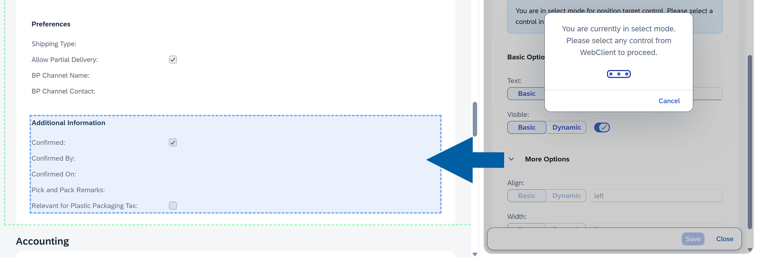 The system is in Select Mode. In the main Sales Order screen, the section Additional Information is highlighted. The highlighted area indicates the selected target control.