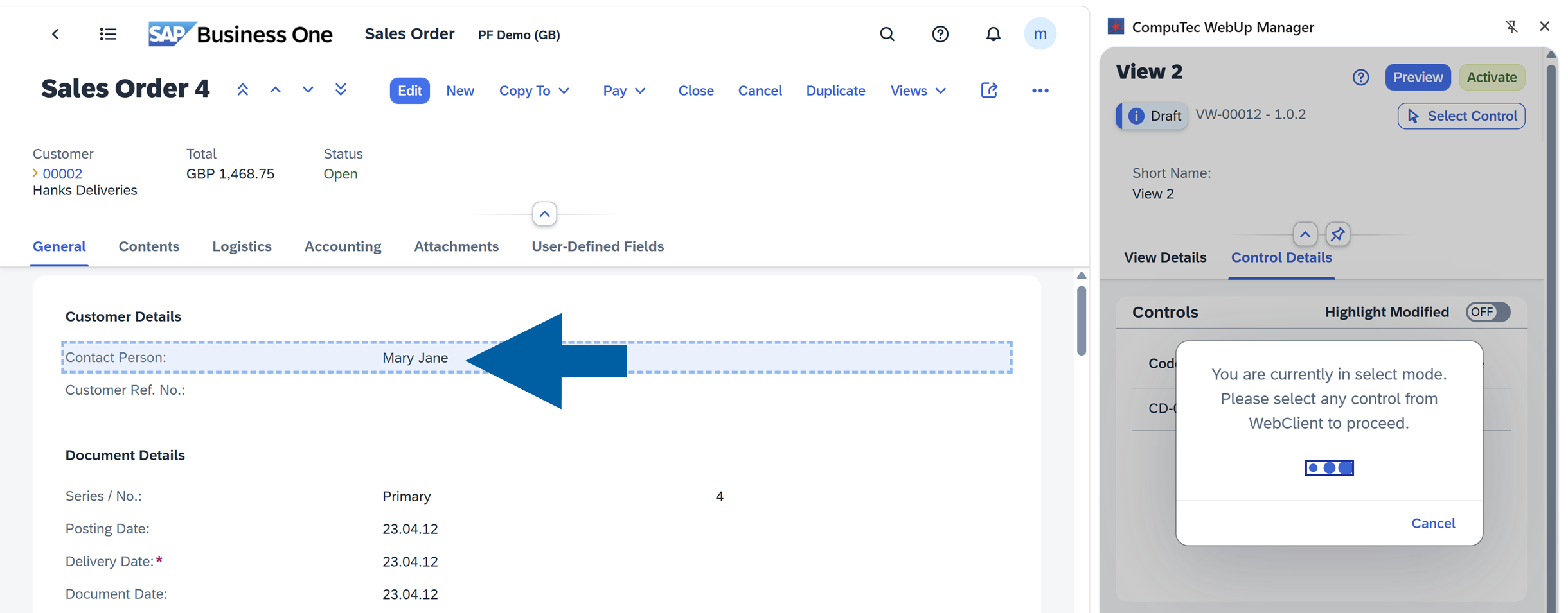 The system is in Select Mode. In the main Sales Order screen, the Contact Person field is highlighted. The highlighted area indicates the selected target control.
