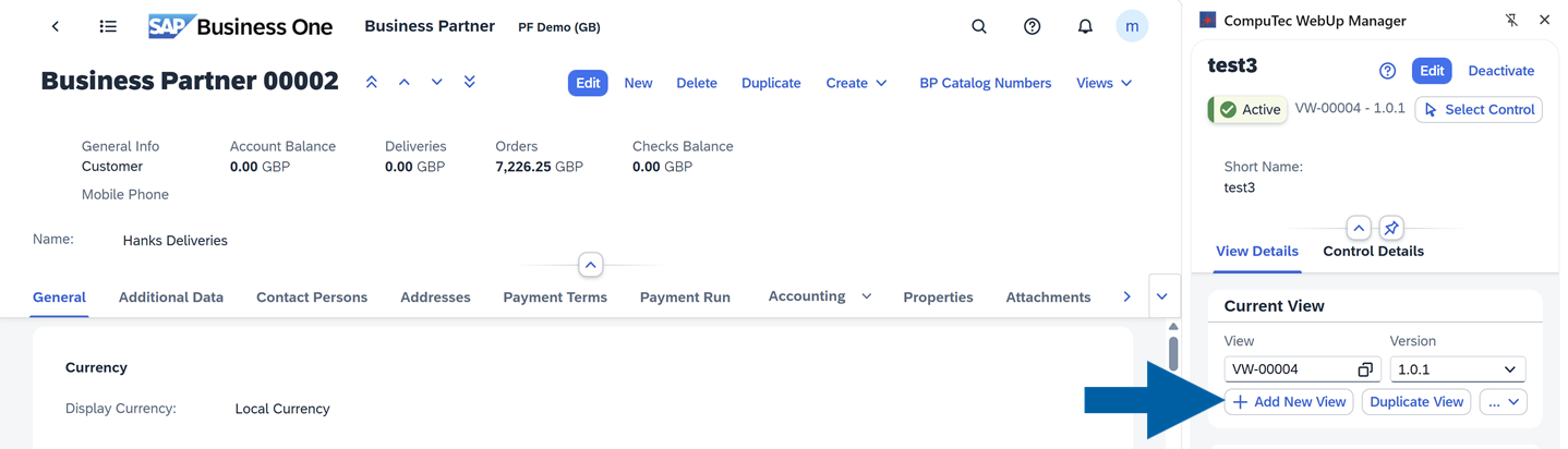 screen showing how to add a new view version