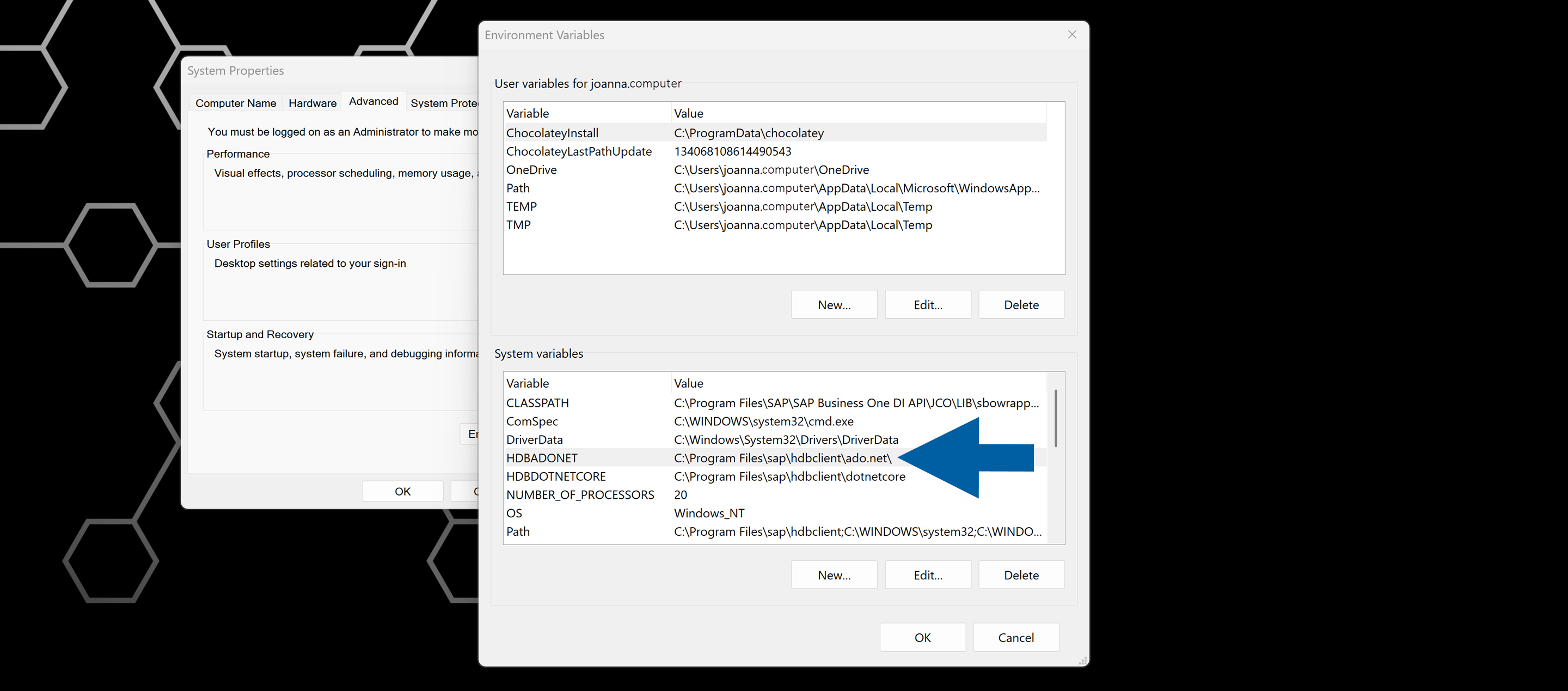 a screen showing the opened environment variables