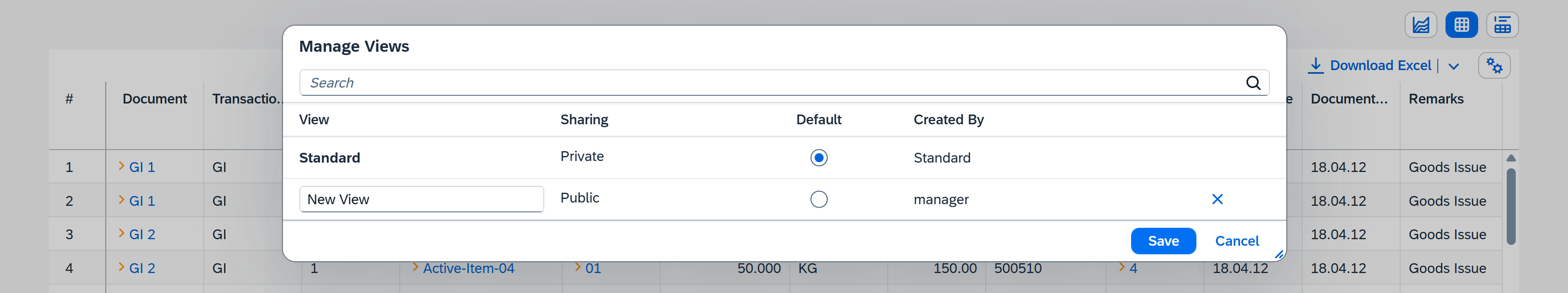 screen showing all the existing views