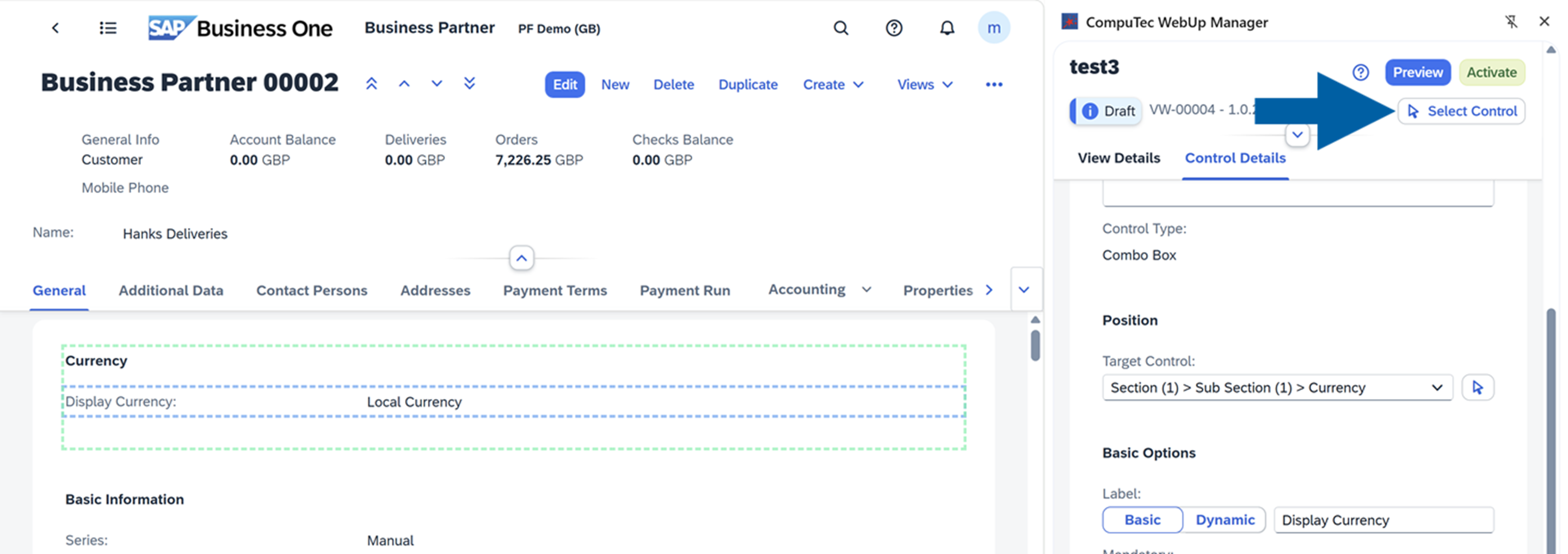 screen showing how to move a control