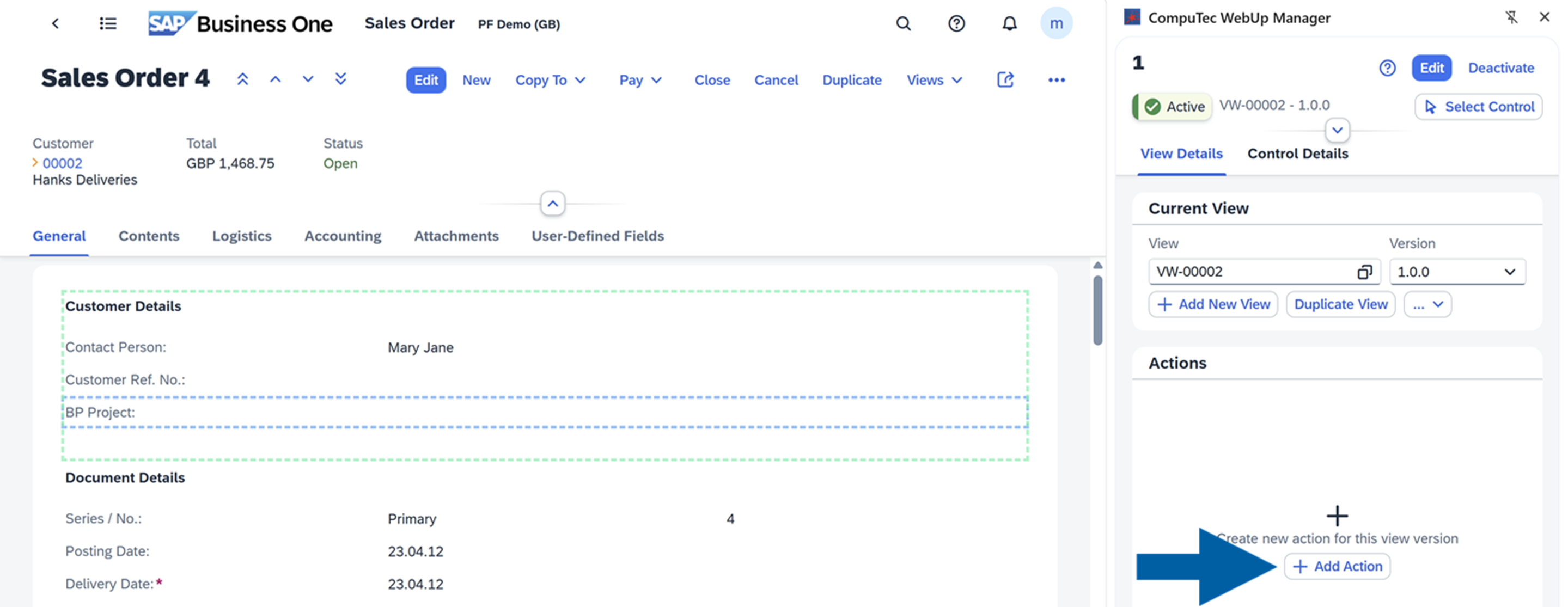 screen showing how to add a view action