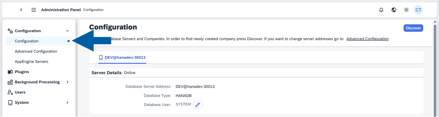 A help screen showing where to find the Configuration in CompuTec AppEngine Administration Panel
