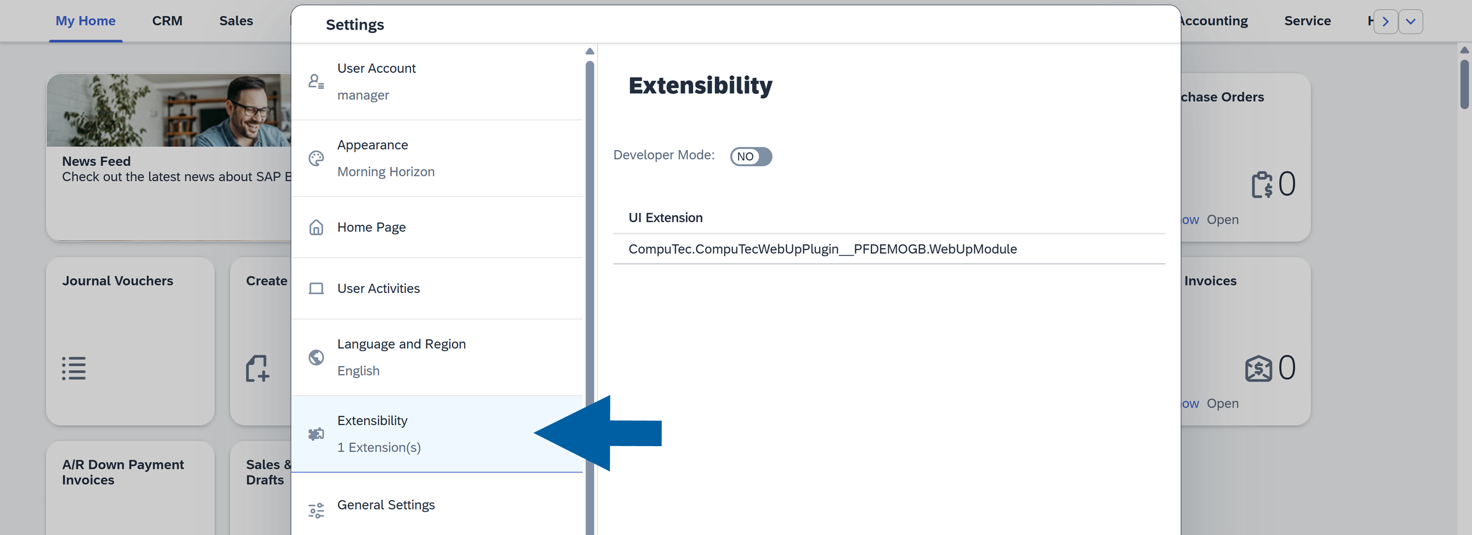 A help screen showing where to find Extensibility tab in SAP Business One Web Client