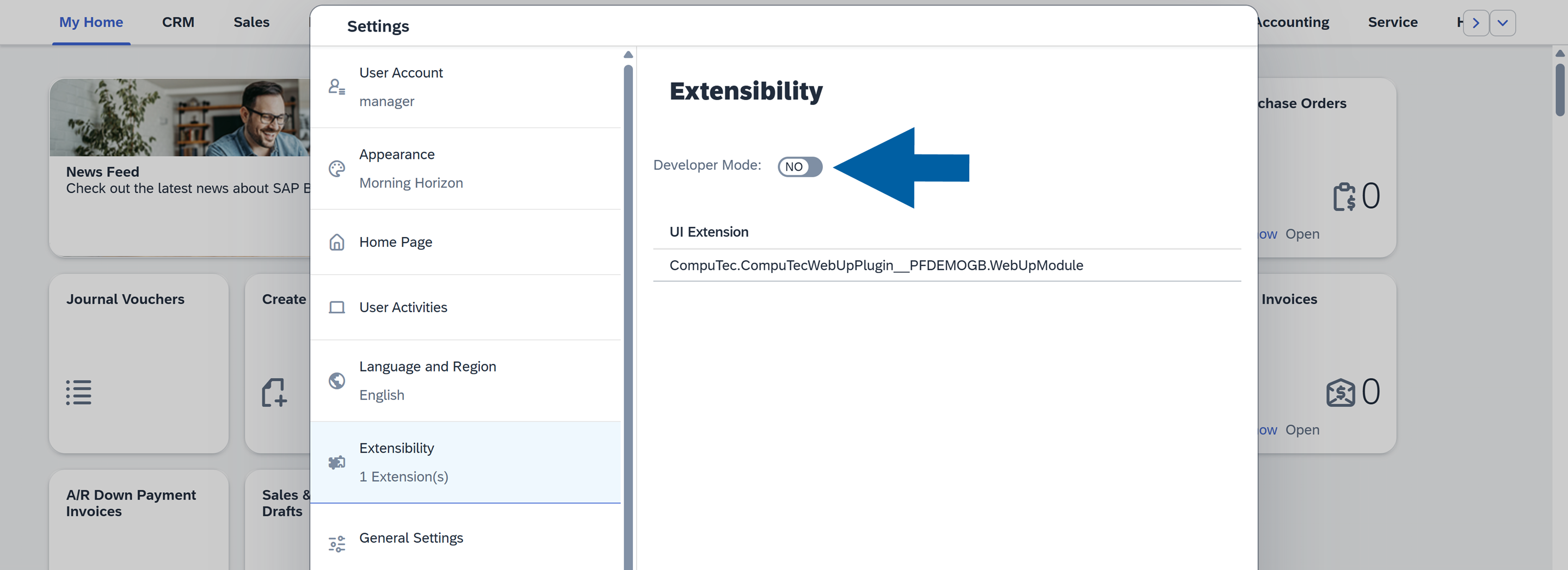 A help screen showing where to find Developer Mode in SAP Business One Web Client