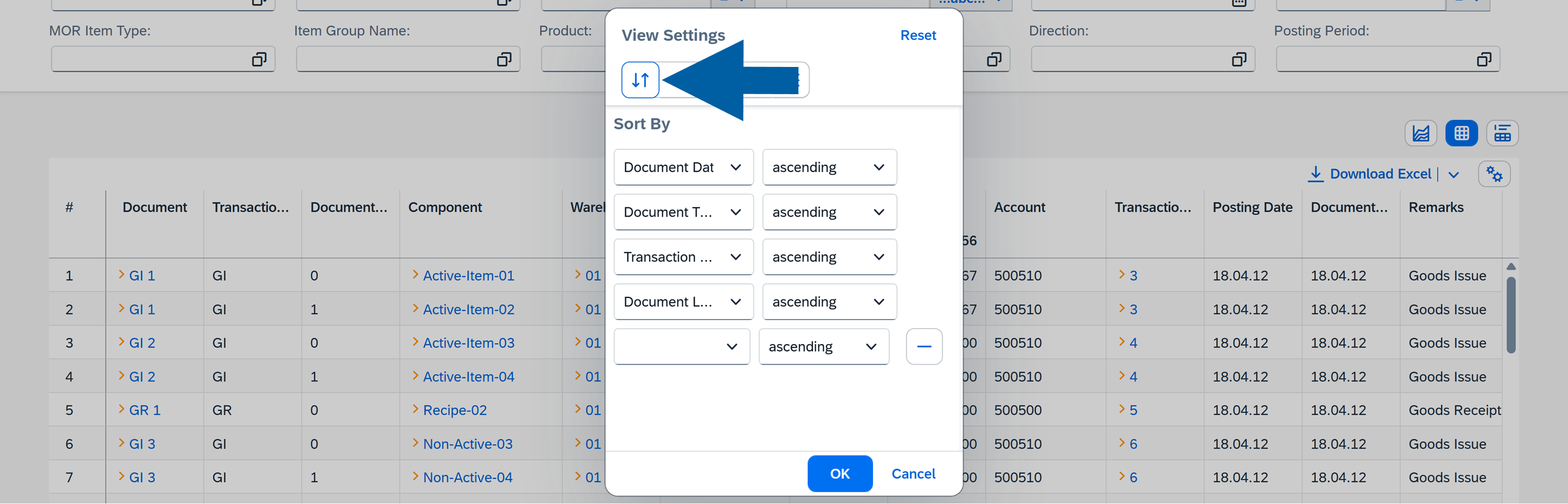 screen showng the Table sorting Options