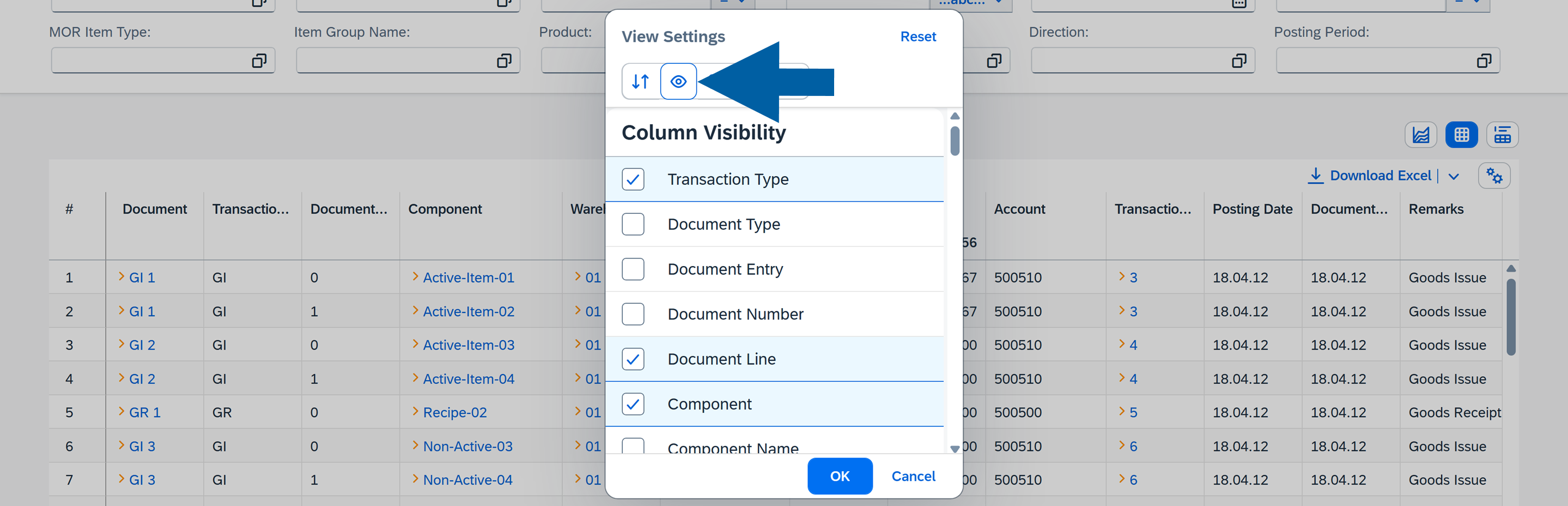 screen showng the Table visibility Options