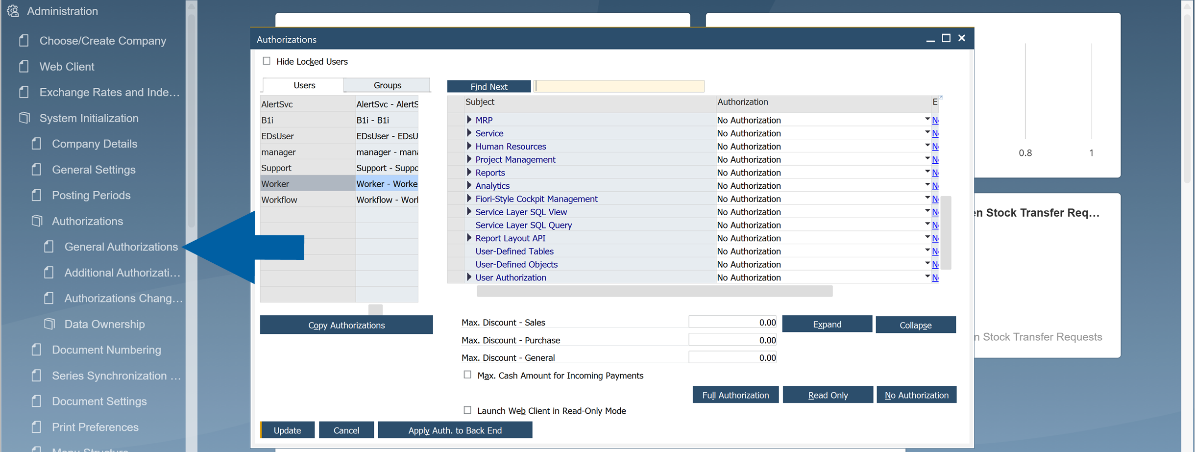 screen showing how to enter general authorisation in sap b1