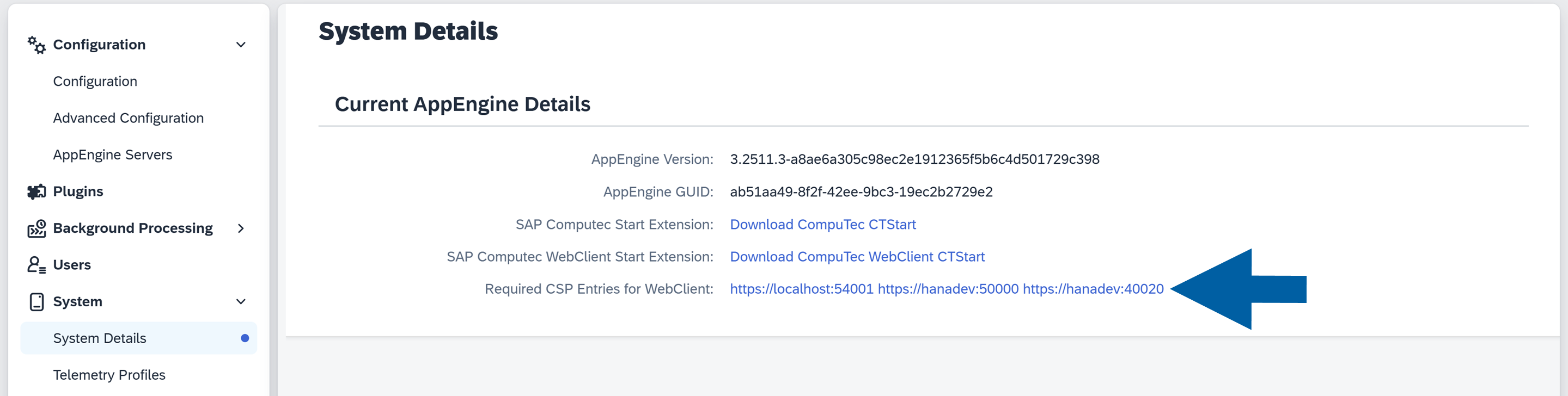 A help screen showing where to find the link to the required CSP entries in CSP configuration process