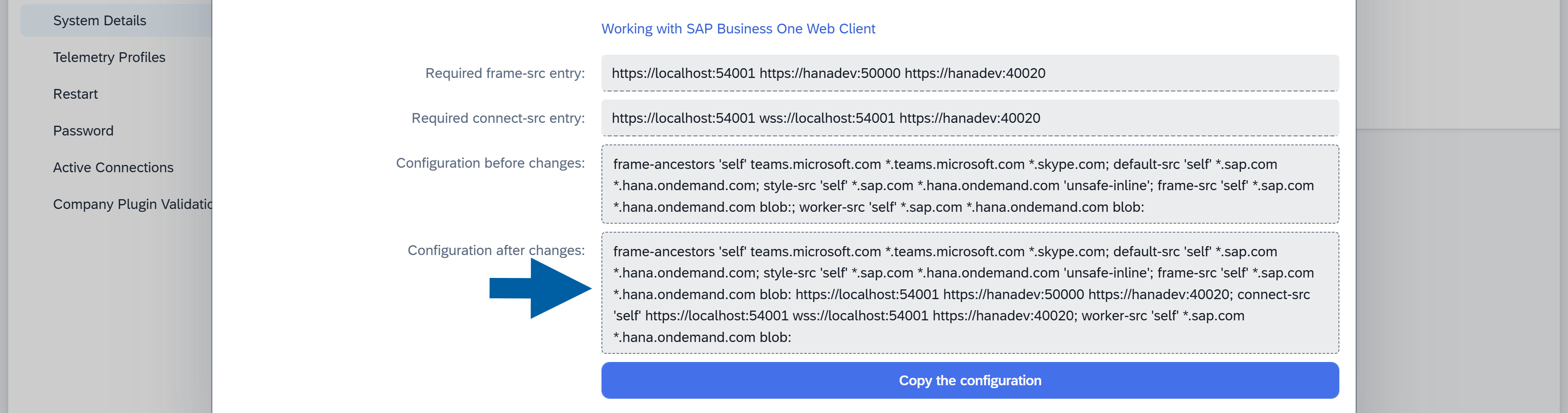 A help screen showing where to find the required CSP entries in CSP configuration process