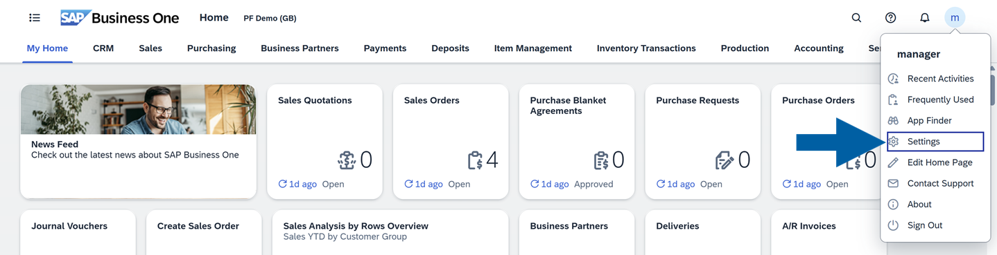 A help screen showing where to find your profile icon in SAP Business One Web Client