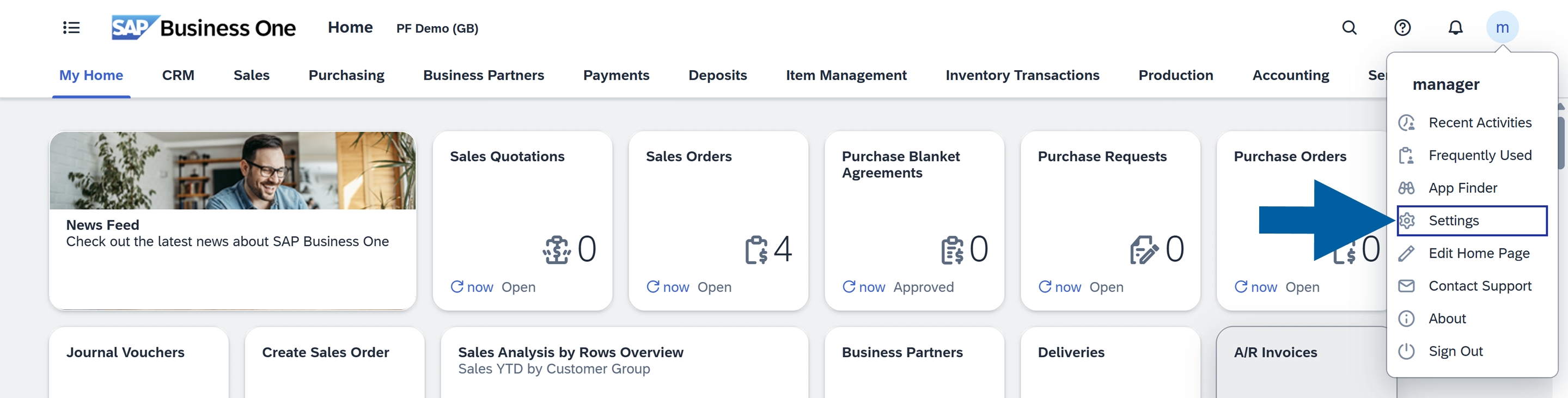 A help screen showing where to find your profile icon in SAP Business One Web Client