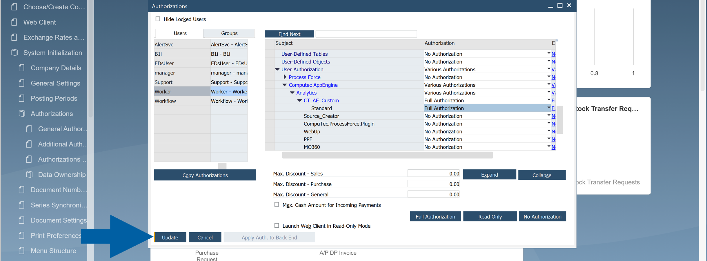 screen showing updating the changes in sap b1