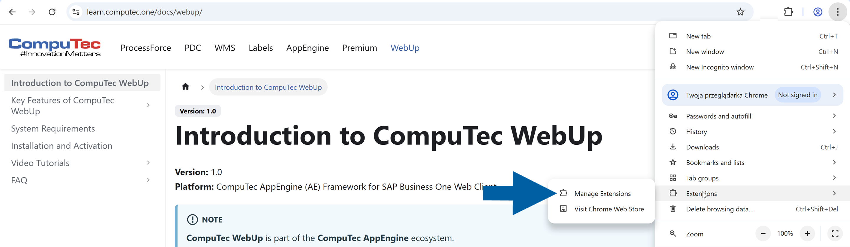 A help screen showing where to find extensions when installing the CompuTec webup extension in Chrome browser