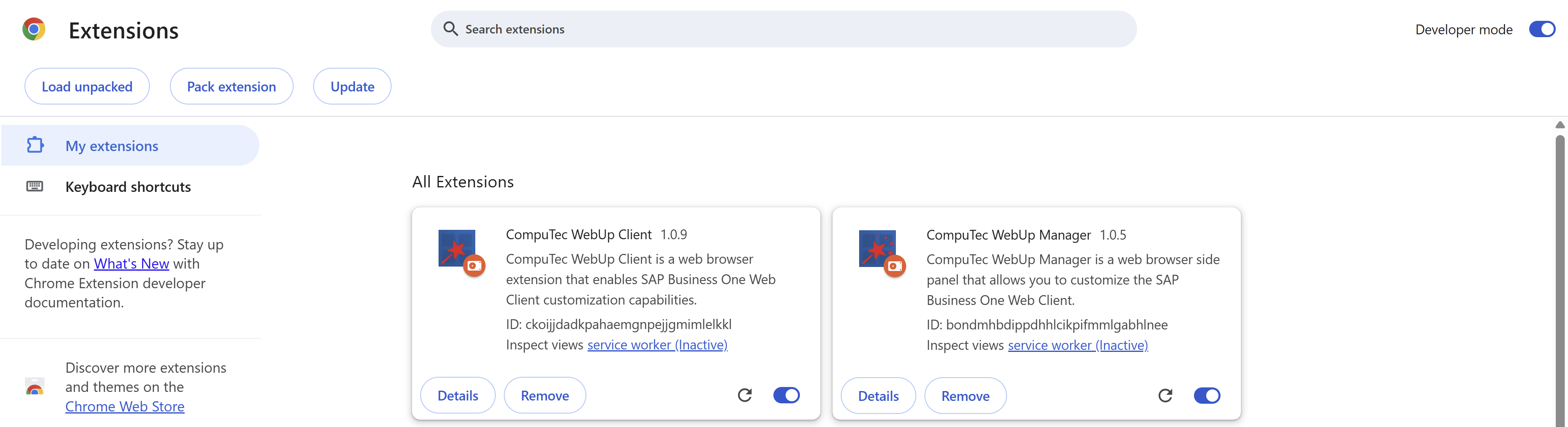 A help screen showing installed CompuTec webup extensions in Chrome browser