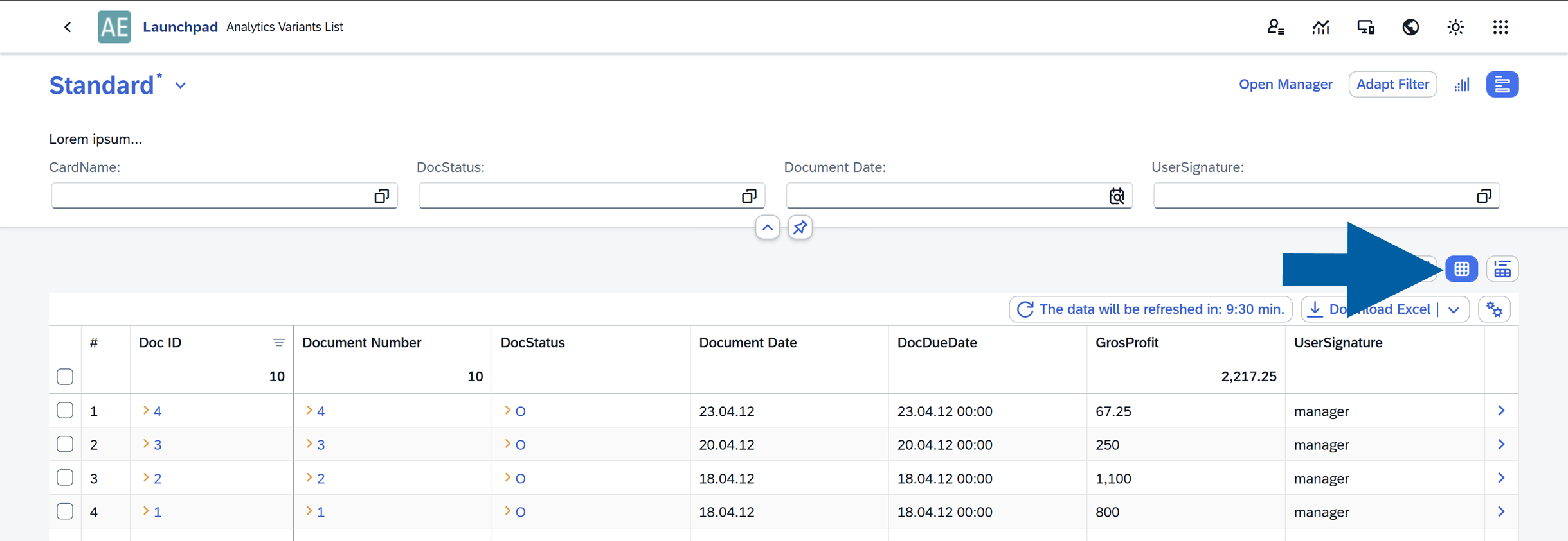 screen showng the the table report
