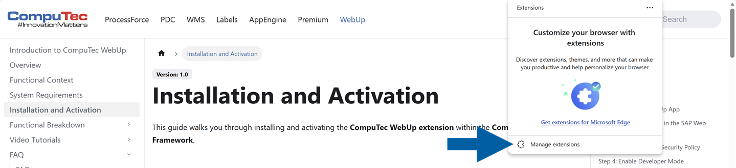 A help screen showing where to find extensions manager when installing the CompuTec webup extension in Microsoft Edge browser