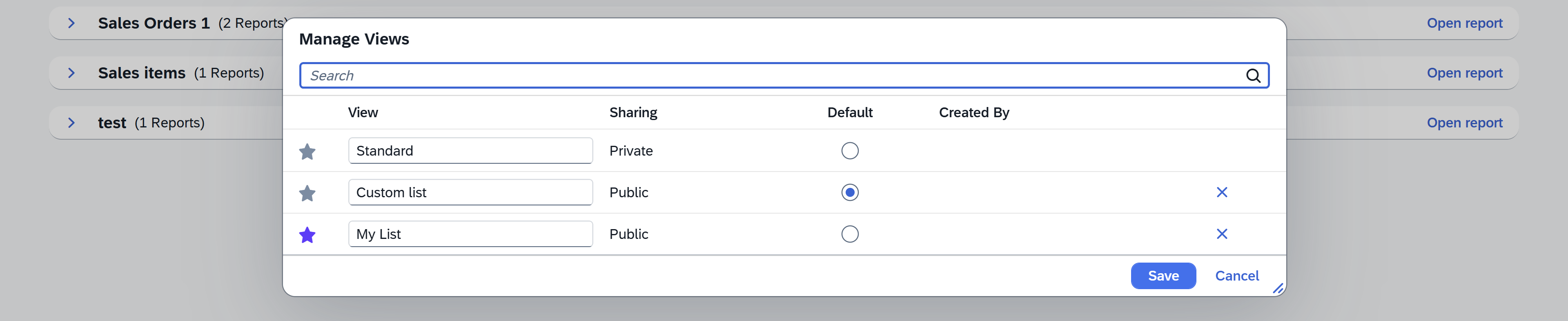 screen showng Manage Views window