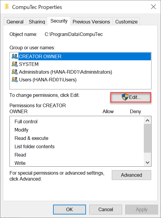 Edit security properties