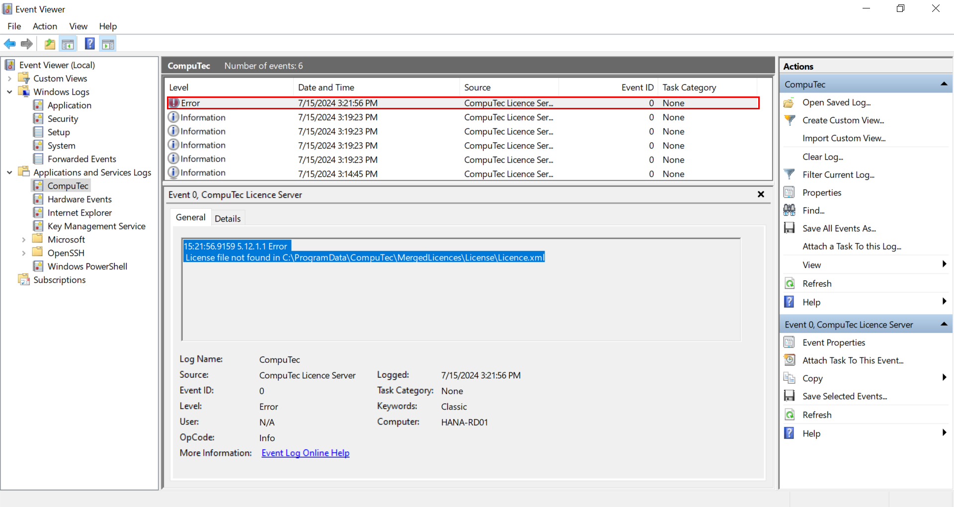 Event Viewer – CompuTec Error Details