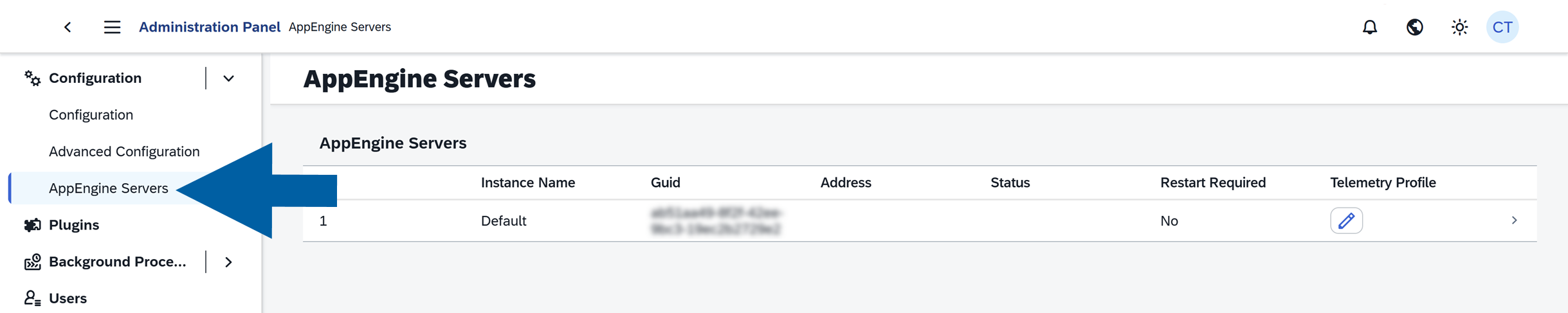 navigation to appengine servers tab