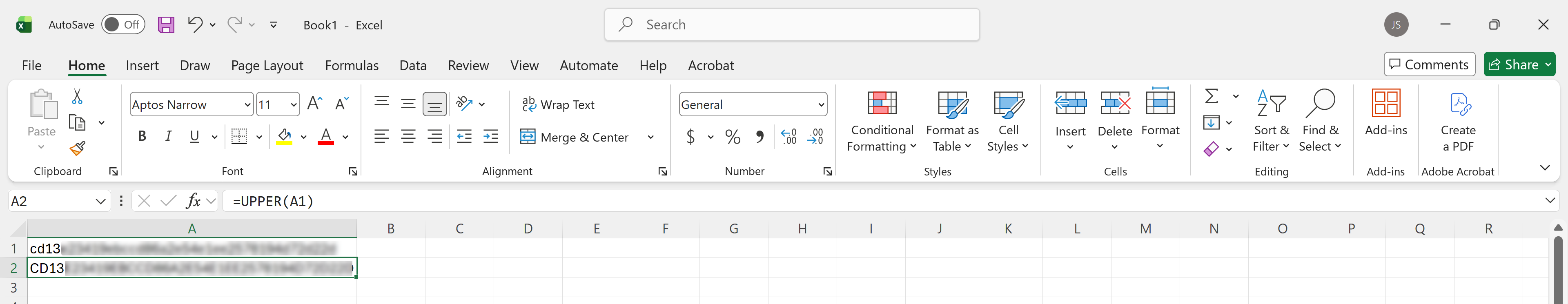 Microsoft Excel workbook showing a certificate thumbprint in cell A1 and the uppercase result in cell A2. The formula bar displays =UPPER(A1), and the Home tab is active in the Excel ribbon. The worksheet provides a calm, instructional example of converting a thumbprint to uppercase.