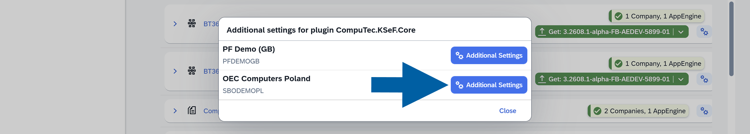 CompuTec KSeF Core configuration dialog showing the company selection area and the Advanced Settings button