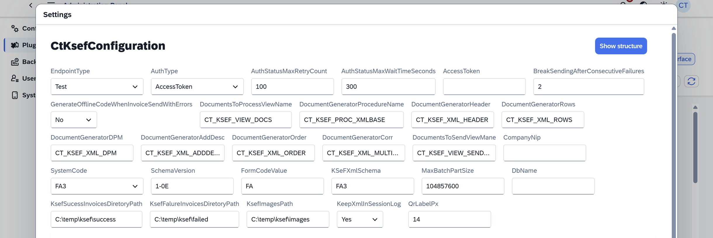 Advanced Settings page for CompuTec KSeF Core showing the CtkSefConfiguration section and fields for KSeF connection, authentication, XML generation, and file storage