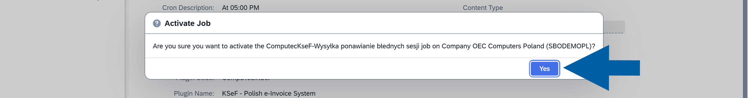 Confirmation dialog asking whether to enable the background processing job with a Yes option