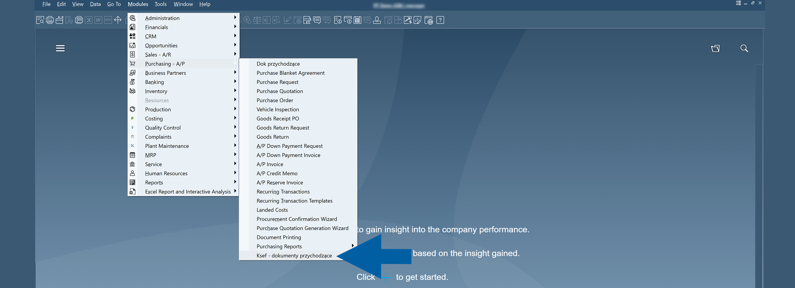 SAP Business One Purchasing A/P menu open with Ksef - dokumenty przychodzące highlighted near the bottom of the submenu. The desktop interface shows the Purchasing A/P navigation menu over a blue welcome screen, with a large blue arrow pointing toward the highlighted menu option.