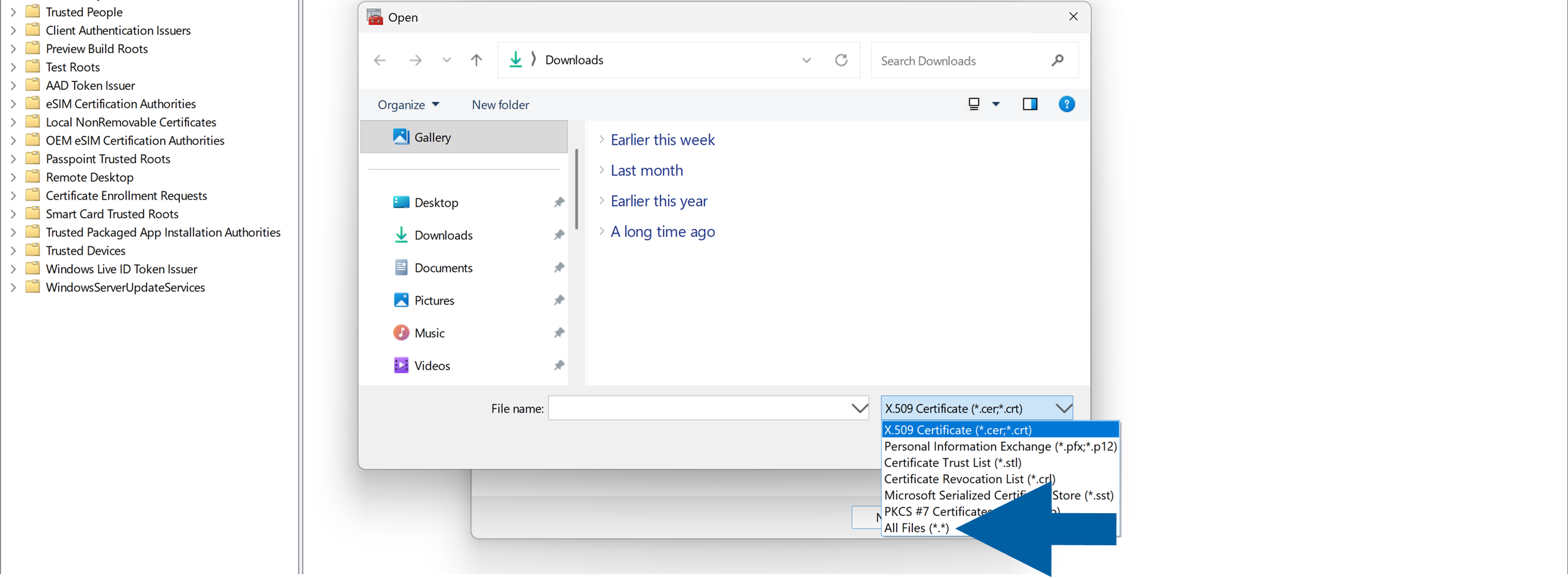 Windows certificate file picker open to the Downloads folder with the file type menu expanded. The menu lists X.509 Certificate, Personal Information Exchange, Certificate Trust List, Certificate Revocation List, Microsoft Serialized Certificate Store, PKCS number 7 Certificate, and All Files, with All Files highlighted by a large blue arrow. The dialog is calm and instructional, and the certificate management window is visible behind it.