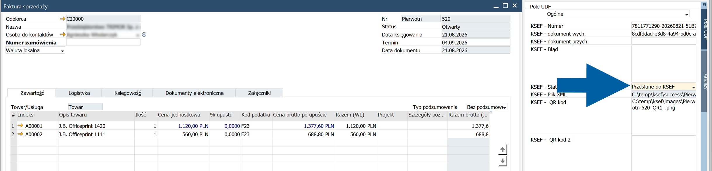 SAP Business One invoice UDF Fields panel showing SO - Przesłane do KSeF.