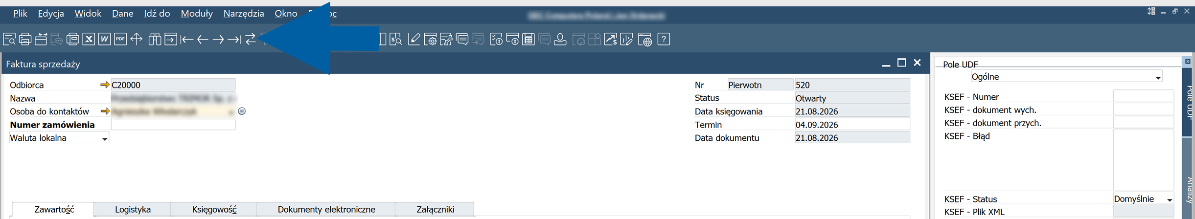 SAP Business One invoice UDF Fields panel showing XO - XML wygenerowane.