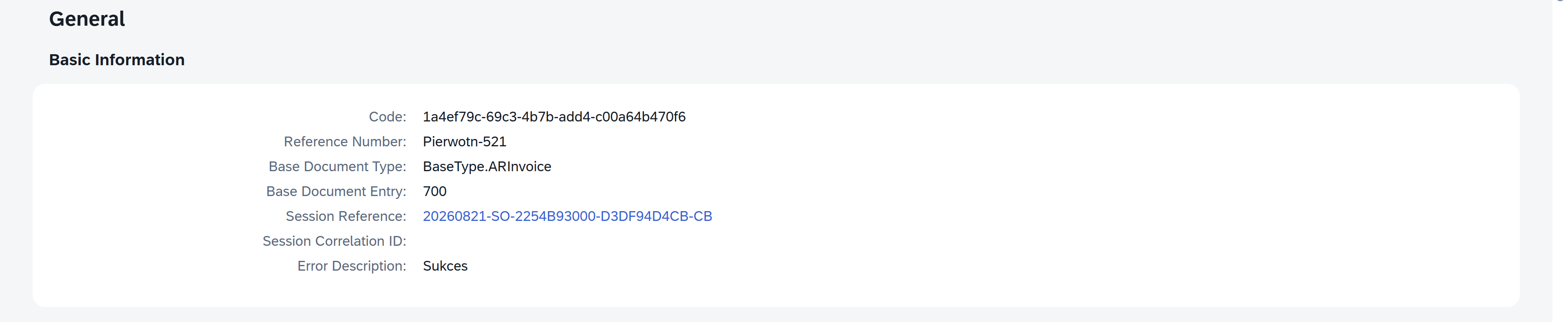 General tab showing the Basic Information section with invoice, source document, session, and error details