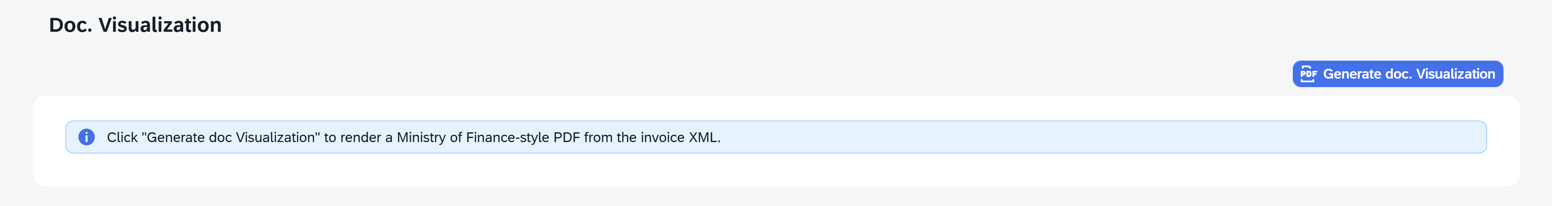 Doc. Visualization tab showing a Ministry of Finance-style invoice generated from the XML