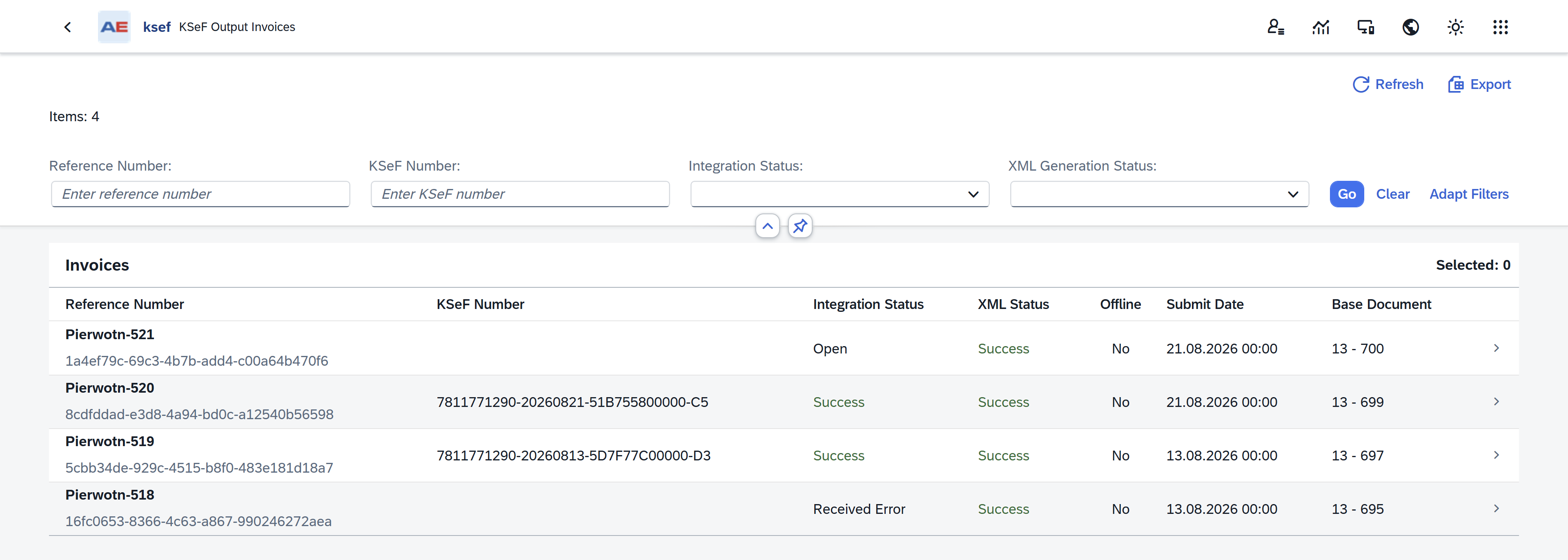 CompuTec KSeF Output Invoices list showing outgoing invoices and their processing statuses.
