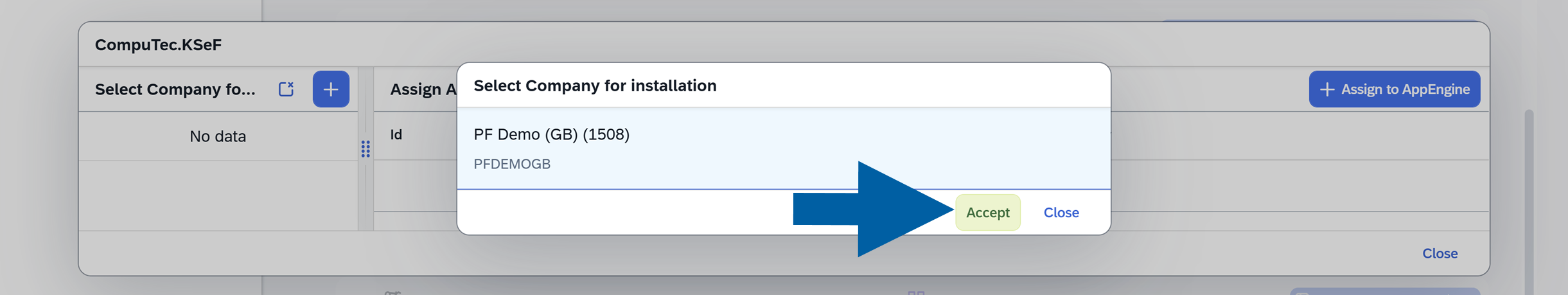 Company selection dialog for assigning the CompuTec.KSeF plugin