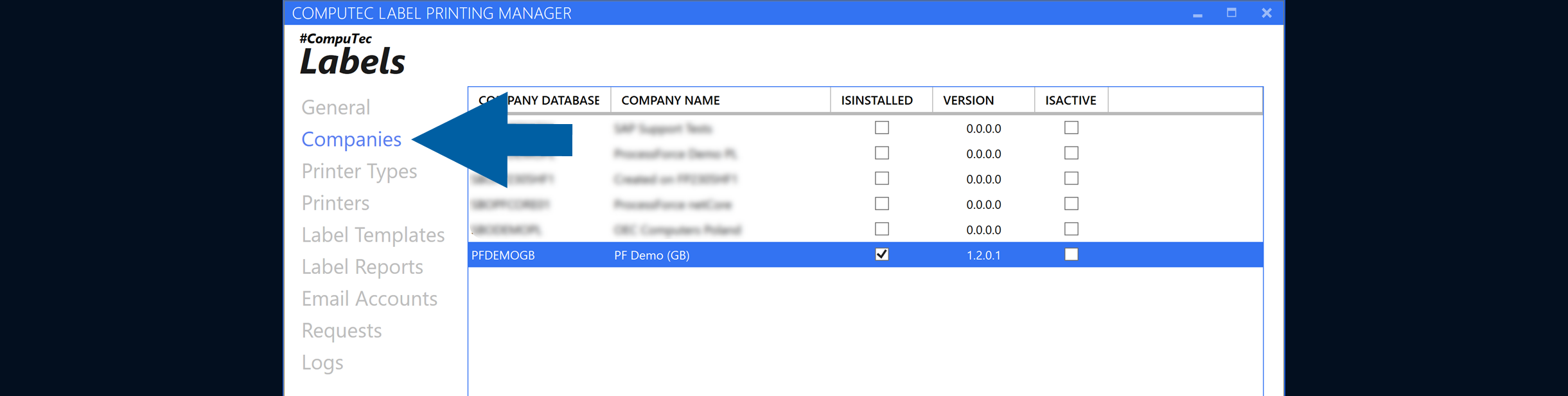 CompuTec Labels Printing Manager with Companies selected in the navigation and a list of companies displayed