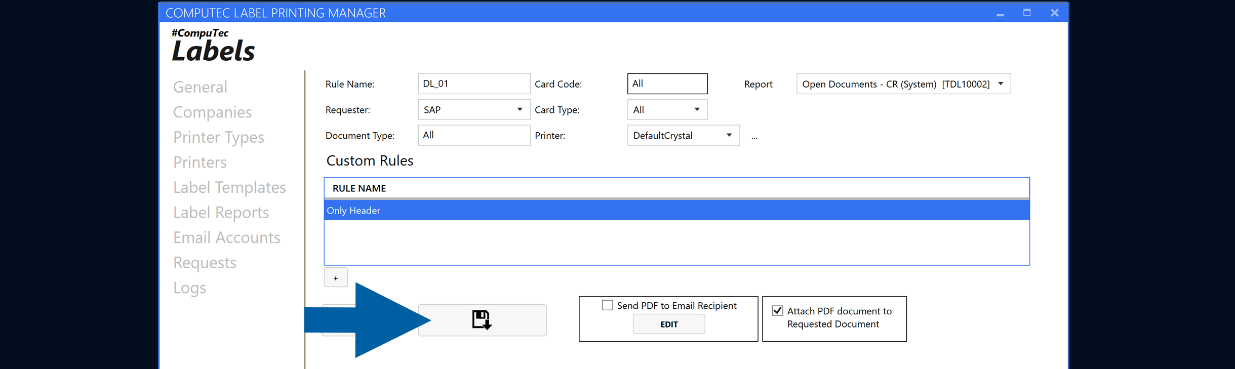Report Rule configuration window with the Save button