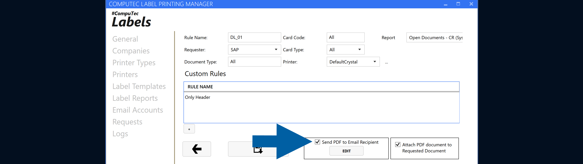 Report Rule configuration form with Send PDF to Email Recipient enabled and the Edit button