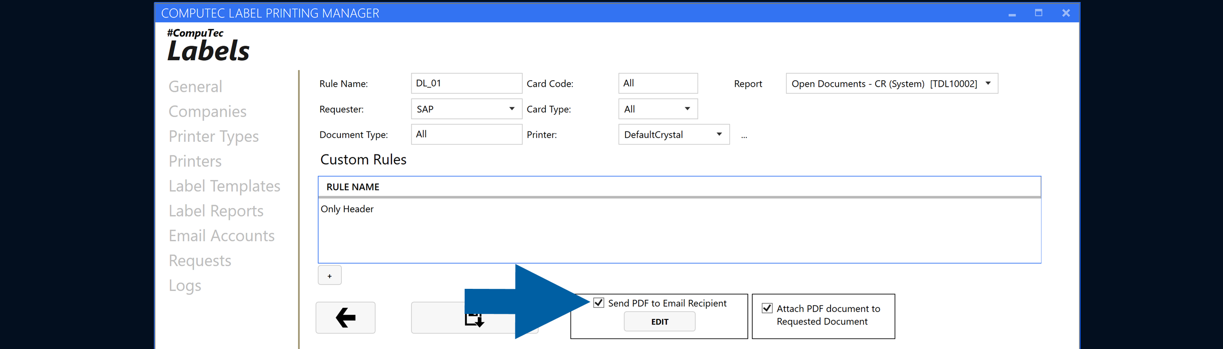 Report rule settings with Send PDF to Email Recipient enabled