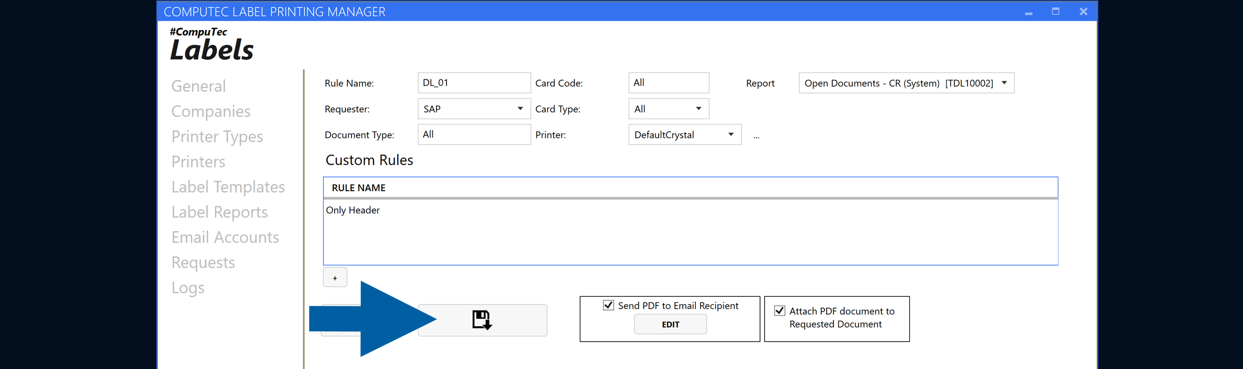 Report Rules window with the save icon highlighted