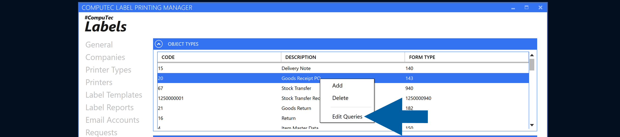 Object type context menu with Edit Queries selected