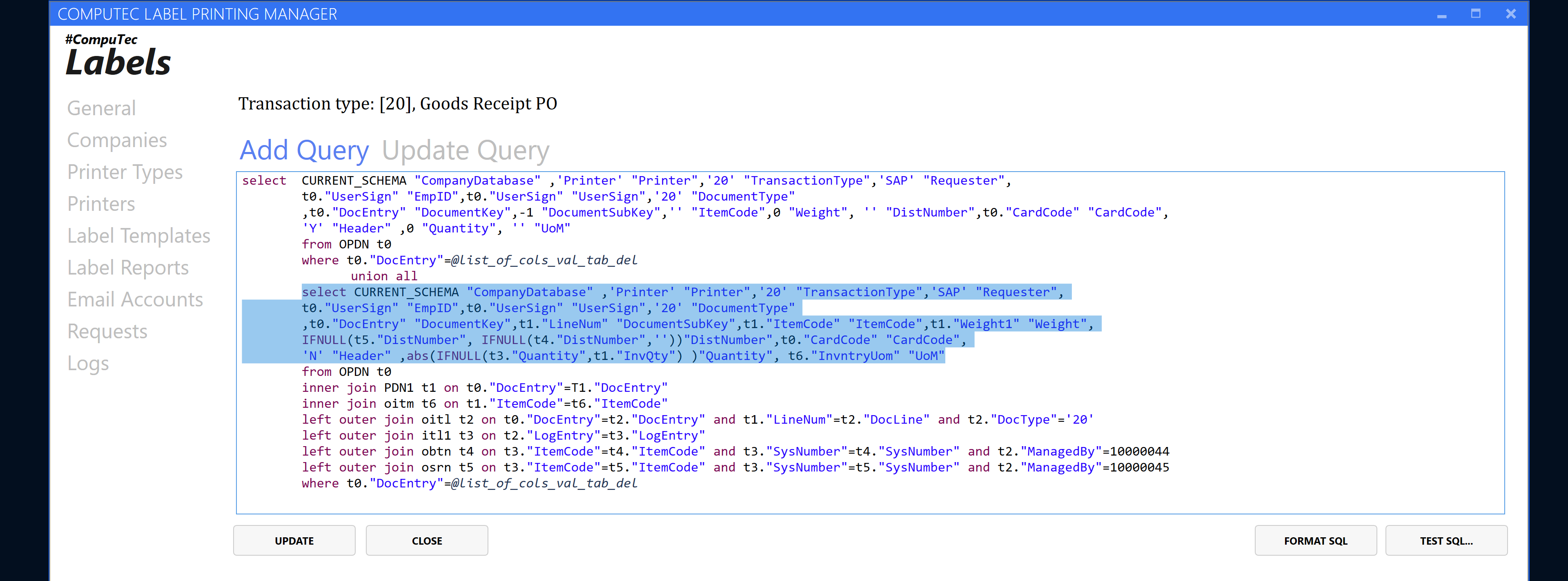 Queries window showing available queries and document parameters