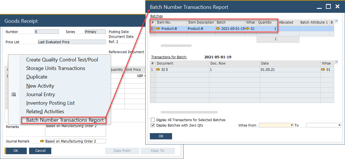 Pick Receipt for a Batch Managed Items - Report