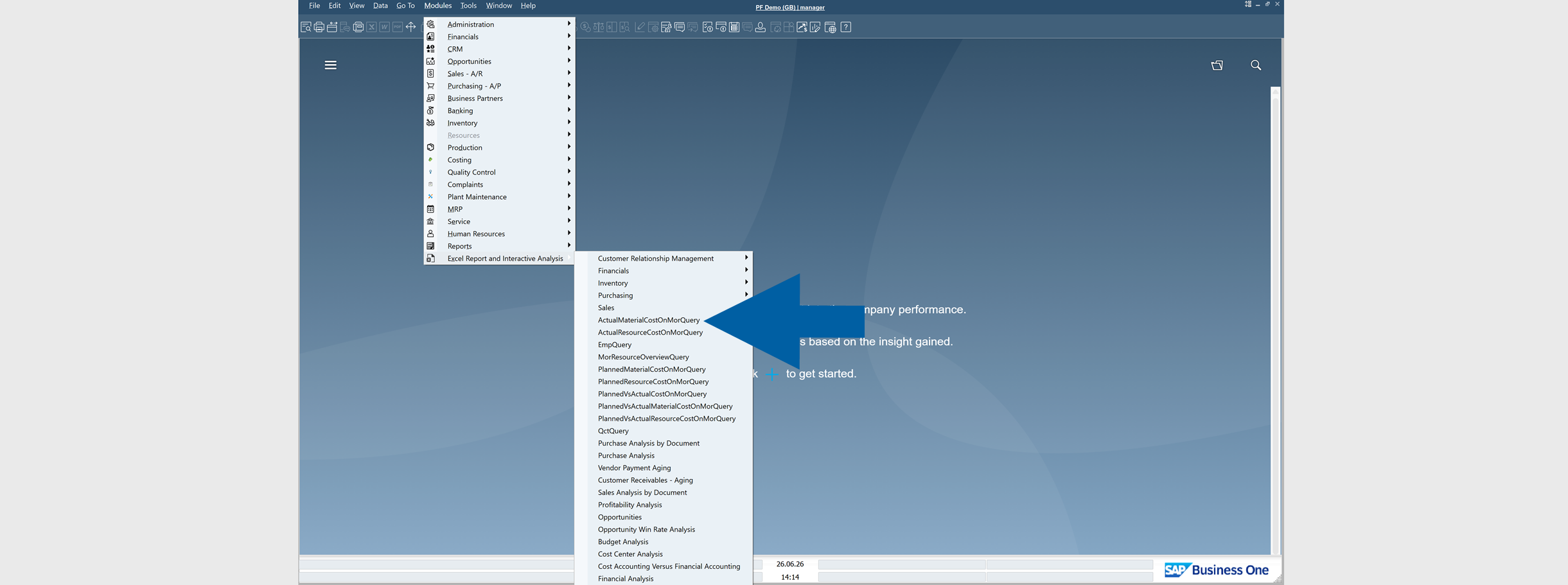 SAP Business One Modules menu showing Excel Report and Interactive Analysis option and imported CompuTec ProcessForce calculation views