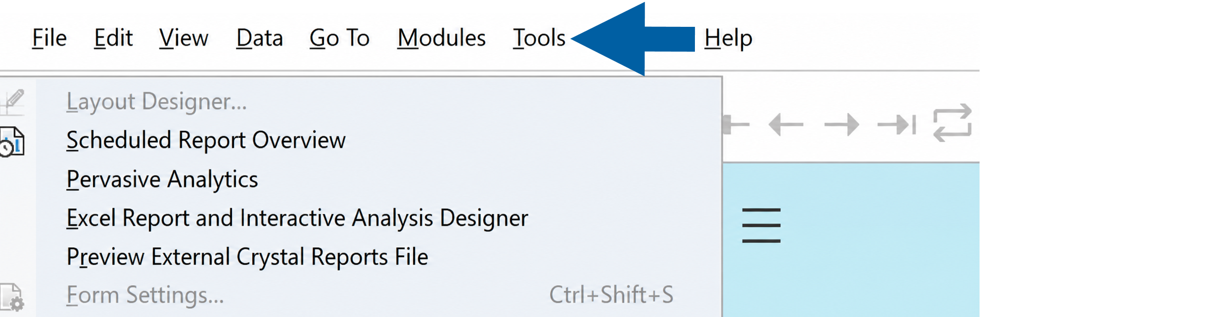 Microsoft Excel window with Tools menu open and Excel Report and Interactive Analysis Designer tab option visible