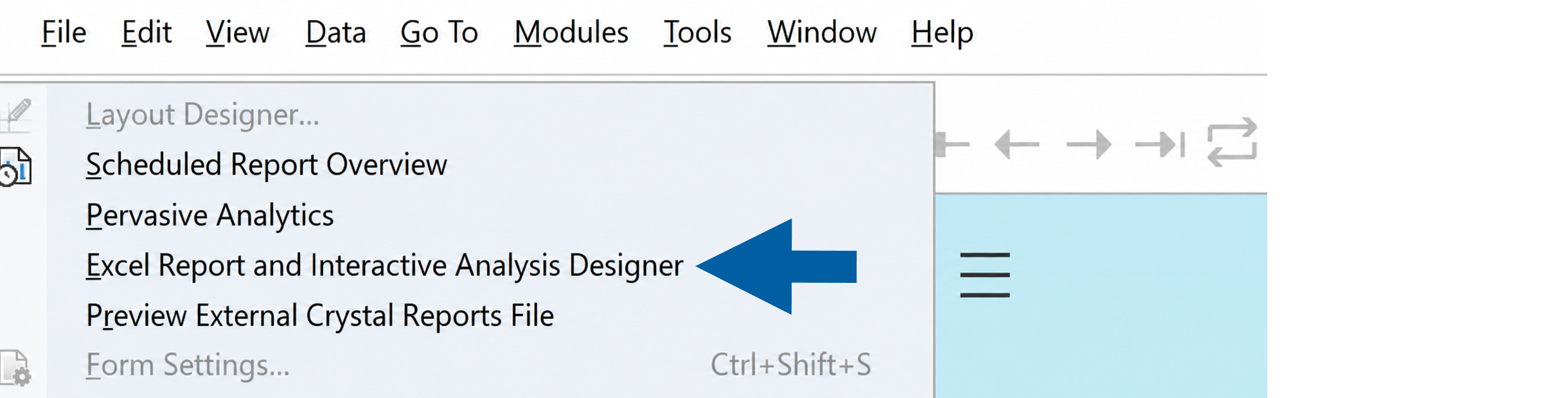 Microsoft Excel Interactive Analysis ribbon tab showing Excel Report and Interactive Analysis Designer controls